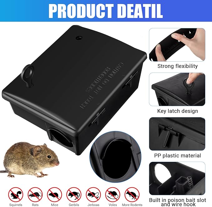 Qualirey Rat Bait Stations Large Rodent with Key Reusable Mouse Stations Mice Blocks Heavy Duty Boxes for Outdoor Rodents Mice Blocks, Bait Not Included, Black(8 Pack,9.8 x 7.5 x 3.9 Inches)