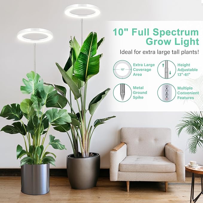LORDEM 10" Grow Light for Indoor Plants, Full Spectrum Plant Lamp with160 LEDs, 4H/8H/12H Timer, 10 Dimmable Levels, 3 Spectrum Modes, Height Adjustable 65", Ideal for Large Tall Plants, Pack of 2