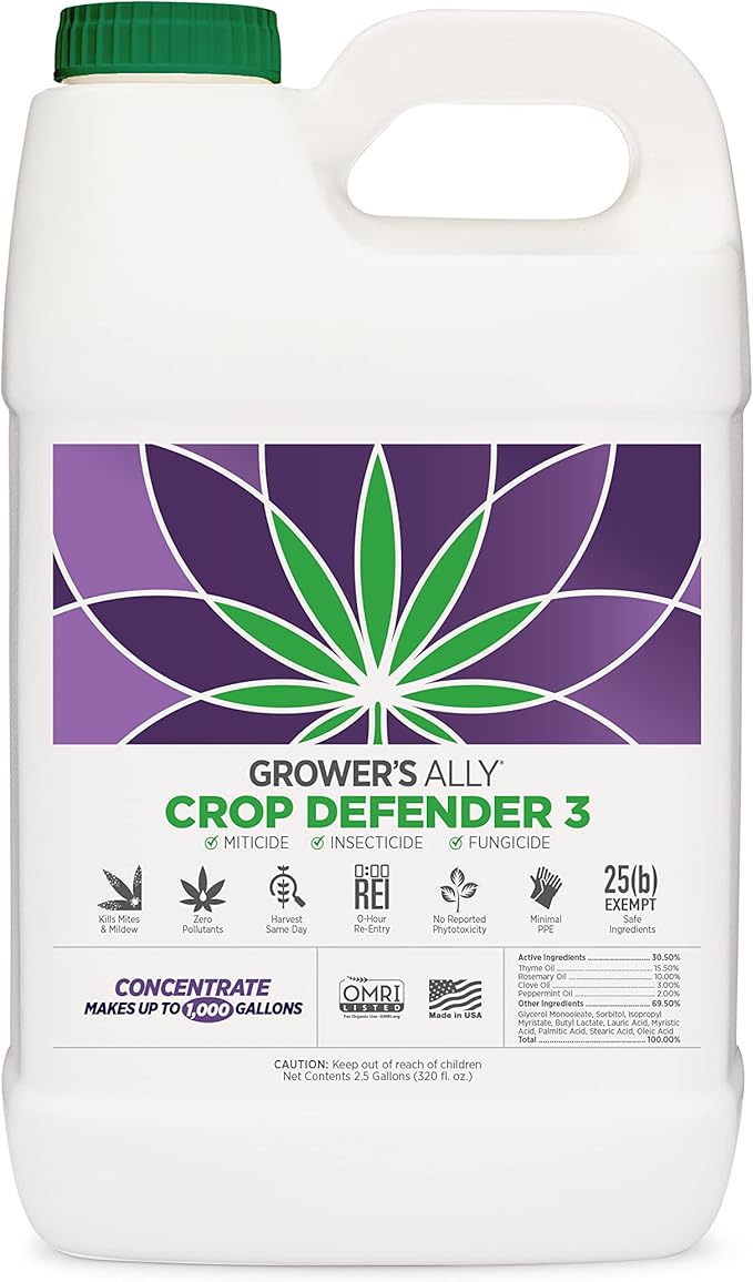 Grower's Ally Crop Defender 3 Concentrate 2.5 gal | Natural, Safe & Organic Insecticide & Fungicide Control for Plants - Powdery Mildew, Spider Mites & Russet Mite Killer