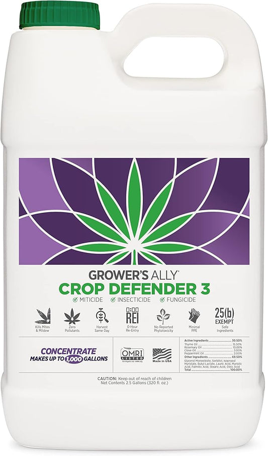 Grower's Ally Crop Defender 3 Concentrate 2.5 gal | Natural, Safe & Organic Insecticide & Fungicide Control for Plants - Powdery Mildew, Spider Mites & Russet Mite Killer