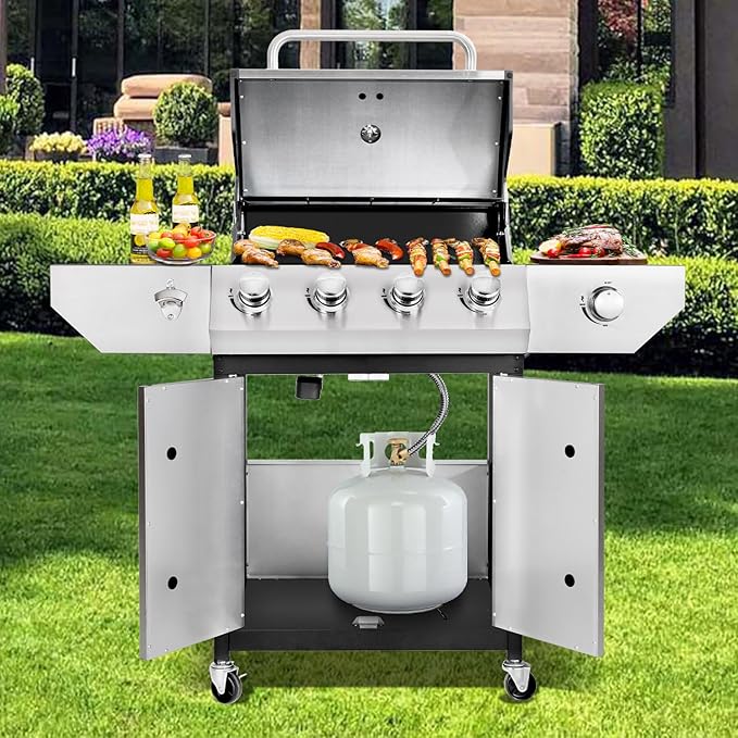4-Burner Propane Gas BBQ Grill with Side Burner, 53,000 BTU Output with Enameled Cast Iron Grates for Patio Garden Barbecue, Stainless Steel