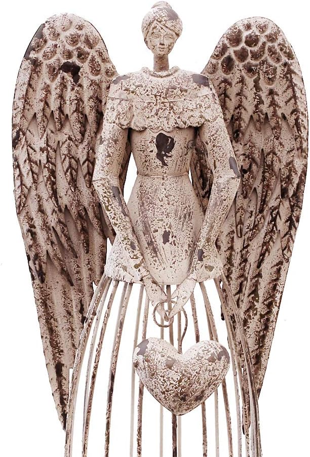 Linfevisi Garden Angel Statue Decor Rustic Metal Angel Sculpture Garden Yard Art Heavenly Home Decor Antiqued Accent Housewarming Gift 32 Inch Tall (Heart)
