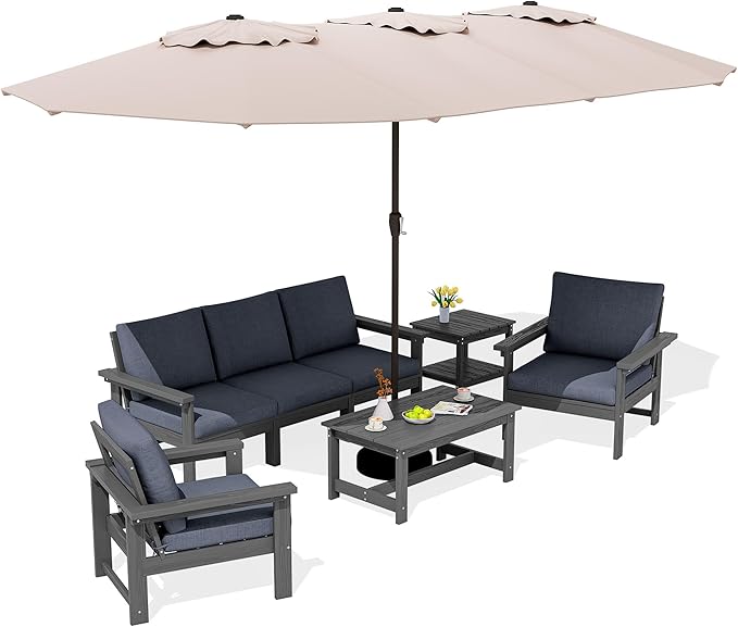 SERWALL HDPE Patio Furniture Set with 15FT Double Side Patio Umbrella, 7-piece Outdoor Modular Sectional Sofa Set, All Weather Patio Couch Set for Deck, Gray & Gray Cushion（Umbreall Base not Included）