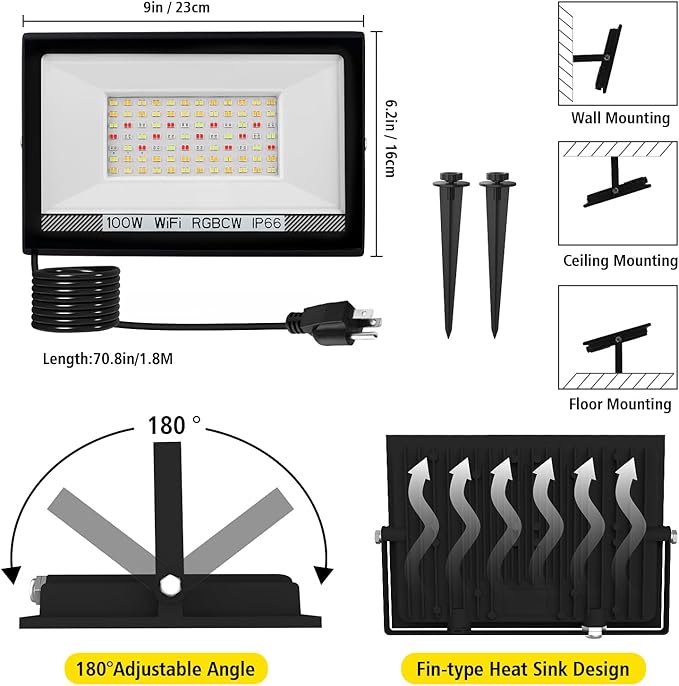 T-SUN RGB Flood Lights Outdoor, 1000W Equivalent Color Changing Landscape LED Light with APP & WiFi & Remote Control, Waterproof Floodlight with 16 Million Colors, Timing, Music Sync (100W-2Pack)