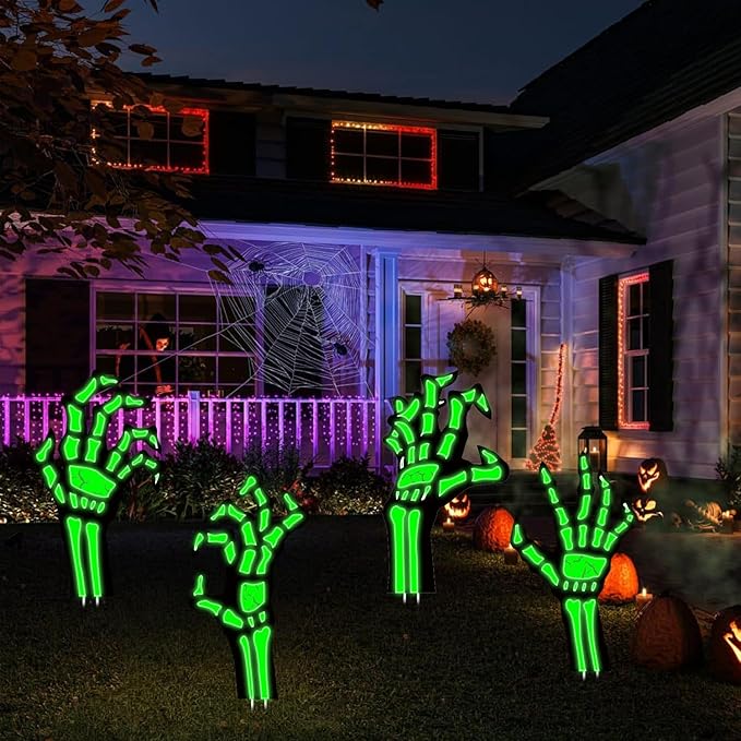 4 Pack Halloween Yard Decorations Skeleton Hands Glow in Dark, 15”x8” Outdoor Waterproof Light-Up Props for Scary Graveyard, Garden Pathway, Party, Haunted Porch Displays, Indoor