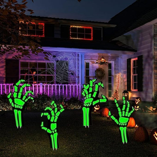 4 Pack Halloween Yard Decorations Skeleton Hands Glow in Dark, 15”x8” Outdoor Waterproof Light-Up Props for Scary Graveyard, Garden Pathway, Party, Haunted Porch Displays, Indoor
