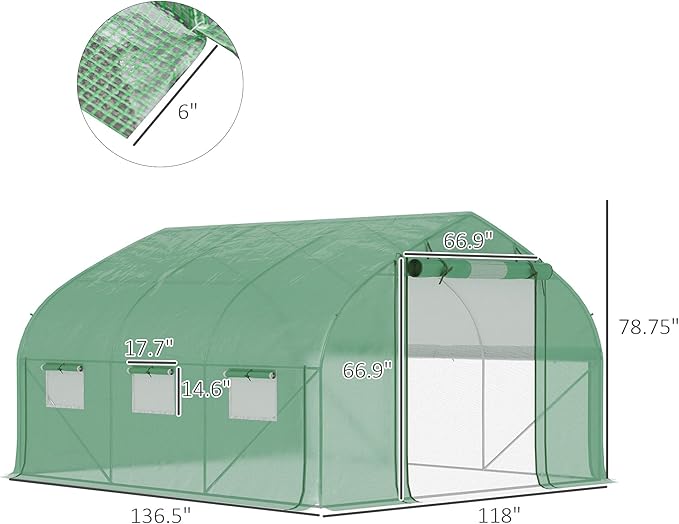 Outsunny 11.5' x 10' x 6.5' Walk-in Tunnel Greenhouse, Green House with Zippered Mesh Door, 7 Mesh Windows & Roll-up Sidewalls, Upgraded Gardening Plant Hot House with Galvanized Steel Hoops, Green