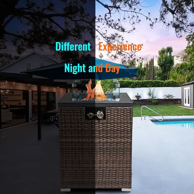 22in Outdoor Propane Gas Fire Pit Table, 40,000 BTU Auto-Ignition Gas Firepit with Glass Wind Guard, Painted Steel Tabletop, Mixed Color Glass Rocks, Brown PE Rattan