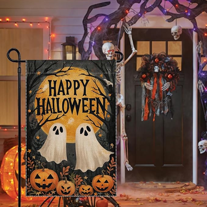 Happy Halloween Garden Flag Ghost Welcome Small Flags for Outside, 12x18 Inch Moon Jack O Lantern Pumpkin Double Sided Burlap Holiday Fall Banner Yard Outdoor Decoration