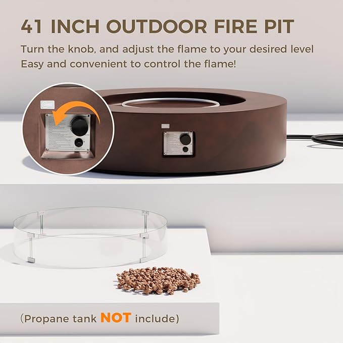 SUNBURY 42Inch Outdoor Propane Fire Pit,CSA Certified,Round Dark Brown Patio Fire Table Concrete Burner Firepits 50,000 BTU w Lava Rocks, Glass Wind Guard, Waterproof Cover