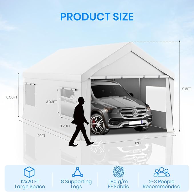 Carport 12x20 FT Heavy Duty, Outdoor Portable Garage with Removable Sidewalls & Doors, Waterproof, UV-Resistant Canopy Shelter for Vehicles, Boats, RVs, Trucks, All-Season Car Port,White