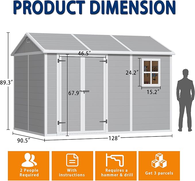 10x8 FT Resin Outdoor Storage Shed with Floor, Weather-Resistant Plastic Garden Shed with Windows, Lockable Door and Vents, Outside Tool Storage Sheds for Backyard, Garden, Patio, Lawn, Grey