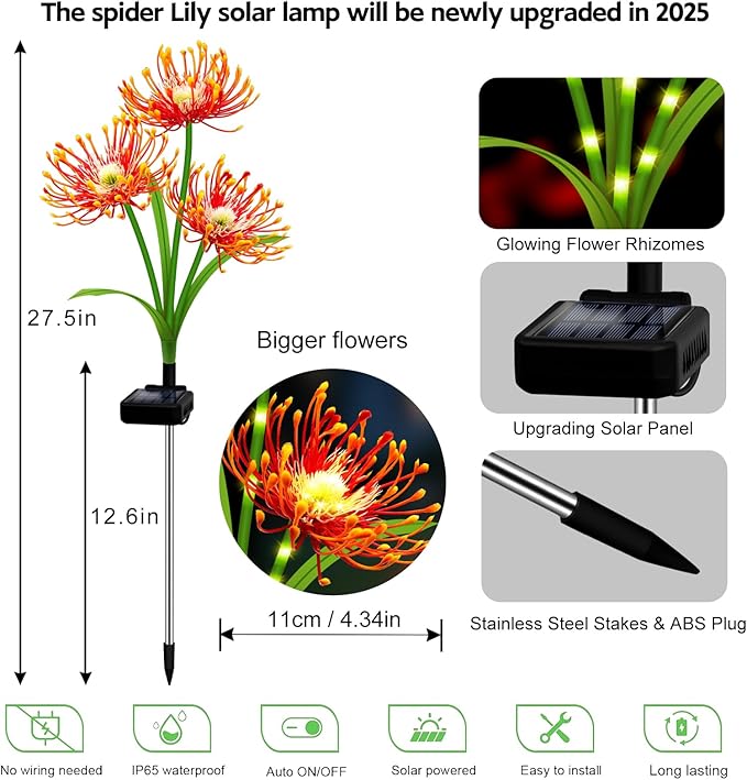 Solar Outdoor Lights 4 Colors Spider Lily – 4 Pack 12-Head Waterproof Garden Flower Lights with Glowing Stems,Decorative Solar Powered Yard,Patio & Lawn Decor,Gardening Gifts for Women Grandma