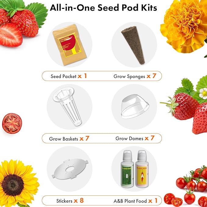 LYKOCLEAN Flower Fruit Seed Pods for AeroGarden, Ahopegarden, iDOO Hydroponics Growing System Indoor, 350 Seeds+ Including Dwarf Sunflower Bambino, Marigold, Red Tomato, Red Strawberry (7-Pods)