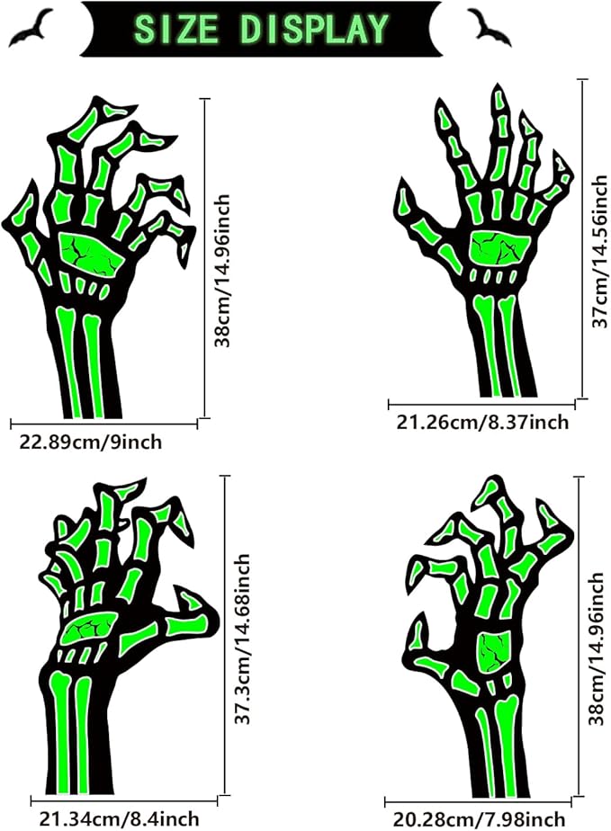 4 Pack Halloween Yard Decorations Skeleton Hands Glow in Dark, 15”x8” Outdoor Waterproof Light-Up Props for Scary Graveyard, Garden Pathway, Party, Haunted Porch Displays, Indoor