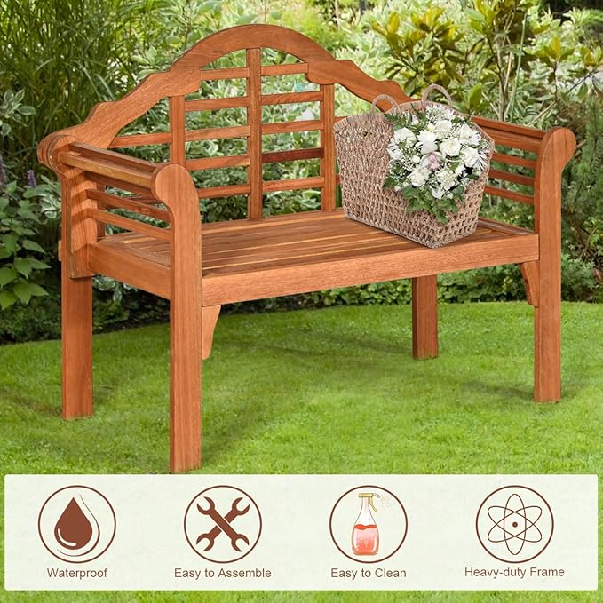 Tangkula Folding Outdoor Eucalyptus Wood Bench, 49” Large Foldable Solid Wood Garden Park Bench, 2-Person Loveseat Chair for Entryway, Deck, Porch, Poolside & Balcony