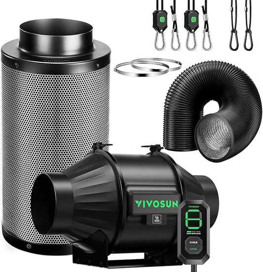 VIVOSUN Smart Air Filtration T4 Kit 4", AeroZesh T4 Inline Duct Fan with E12 Speed Controller, Carbon Filter & 8' Ducting, Cooling & Ventilation System for Grow Tents, Indoor Gardening, Hydroponics