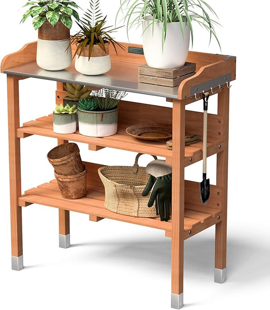 Giantex Garden Potting Bench, Outdoor Wood Workstation Table with Galvanized Steel Tabletop, 5 Hooks, 2-Tier Storage Shelves, Outside Work Station Potting Table with Raised Edge, Easy Assembly
