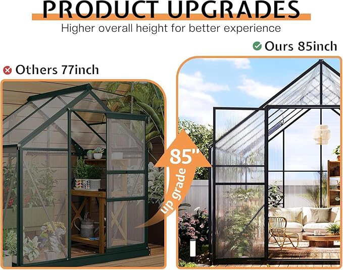 Jocisland 8x10x7 FT Polycarbonate Greenhouses for Outdoors, 2 Top-Opening Windows, 2 Swing Doors, Aluminum Walk-in Heavy Duty for Outdoor Use, Backyard Garden, Black