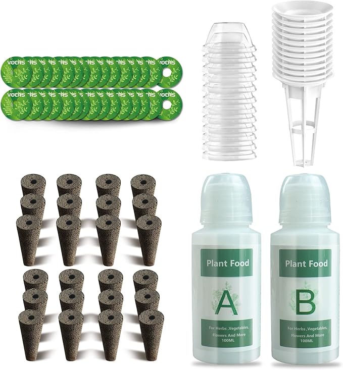 Seed Pods for Hydroponics Growing System - (No Seeds), Hydroponics Supplies with 24 Grow Sponges, 12 Planting pods,2 Set a&b Hydroponic Nutrient Plant Food,28 Stickers,12 Seeding Cover