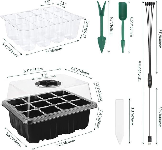 Seedling Starter Trays 5 Packs Seed Starter Tray with Grow Light, Smart Controller Seed Starting Trays Kit with Humidity Dome (60 Cells) Indoor Gardening Plant Germination Trays Black