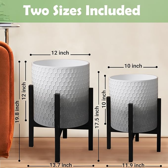 10 & 12 Inches Planters with Metal Sand for Indoor Plants Set of 2,Decorative Plant Pots with Holder, Outdoor Flower Pots with Legs, Modern Garden Pot with Drainage Holes for Snake Plant, House plants