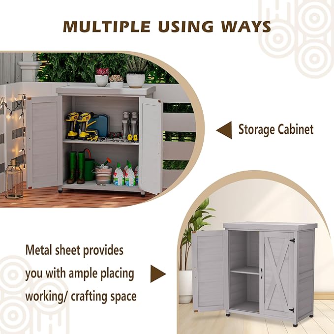 Outdoor Storage Cabinet Garden Potting Bench Table with Metal Tabletop, Solid Wood Planting Work Bench Table for Backyard Patio Lawn, 31×18×36" (Grey)