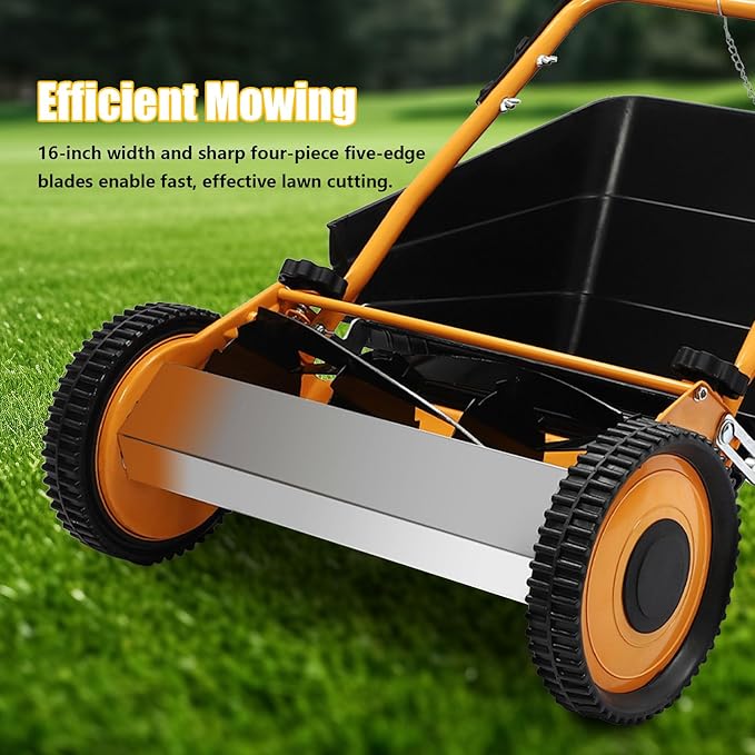 16" Manual Push Reel Lawn Mower - Hand Push Lawn Mower with Bag, Steel & Aluminum 2-in-1 Grass Cutter, Adjustable Cutting Height 0.47-1.65" for Small Yards, Gardens (Orange/Black)