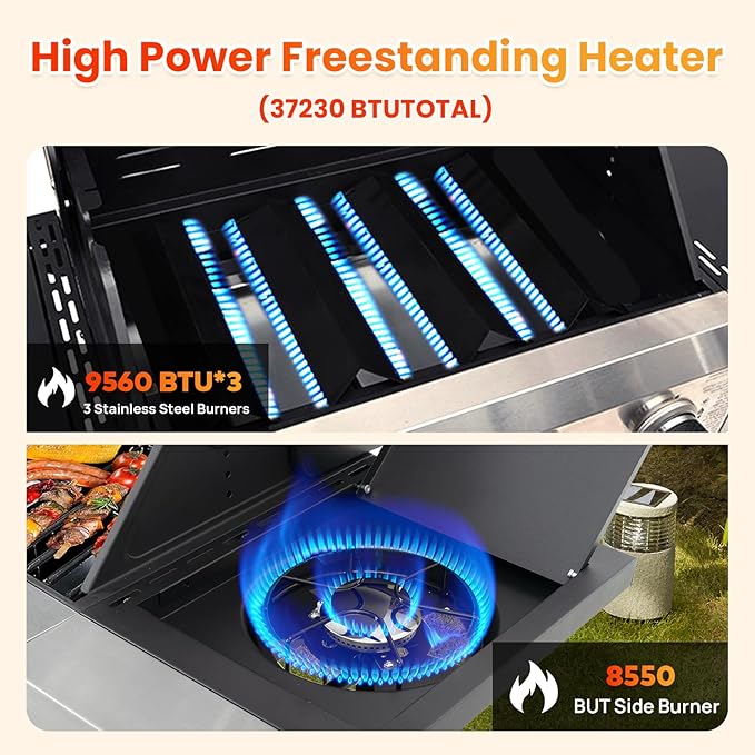 3-Burner Propane Gas BBQ Grill with Side Burner, Porcelain-Enameled Cast Iron Grates, Foldable Side Table, 37,230 BTU Stainless Steel Grill for Outdoor Camping Barbecue Grilling Backyard Cooking