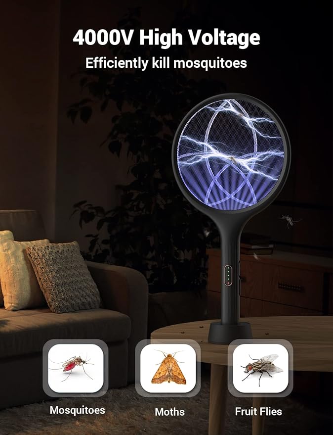 YISSVIC Electric Fly Swatter 4000V Bug Zapper Racket Dual Modes Mosquito Killer with Purple Mosquito Light Rechargeable for Indoor Home Office Backyard Patio Camping (Black-2 Pack)