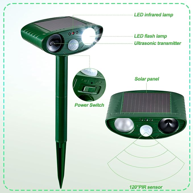 2 Pack Outdoor Solar Animal Repeller - Ultrasonic & Strobe Light, Deterrent for Cats, Dogs, Raccoons, Rabbits, Skunks, Foxes & More