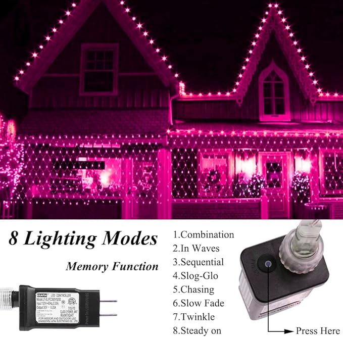 Pink Net Light Valentine’s Day Decor Mesh Lights, 240LED Timer Tree Warp Fairy Lights Outdoor Hanging String Light for Home, Bedroom, Garden, Walkway, Bushes, Christmas Decor-9.8ft x 6.6ft(Pink)