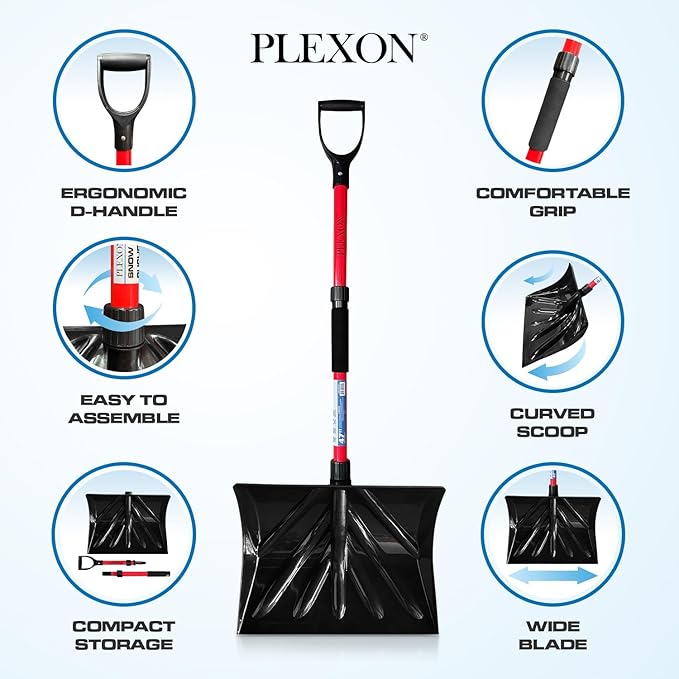 PLEXON Snow Shovel for Driveway, Snow Shovel for Car, Lightweight for Snow Removal, Home Garage, 47" Ergonomic, Plastic with D-Grip Handle