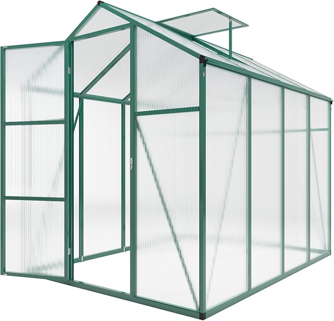 86in High 6*8.2FT Greenhouse for Outdoors, Polycarbonate Greenhouse with Stronger Wind Protection and Roof Vent, Walk-in Large Aluminum Sunroom Winter Proof, Green