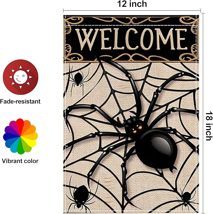 Halloween Garden Flag 12 x 18 Inch Double Sided Spider Web Designs Fall Autumn Burlap Yard Flag for Outside Rustic Yard Outdoor Holiday Home Decoration