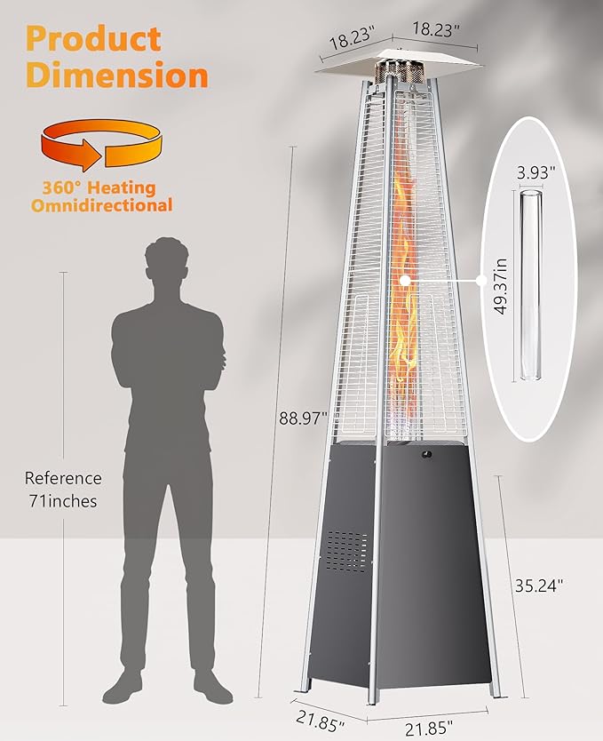 Pyramid Patio Heater for Large Area, 48,000 BTU Rapid Heating Outdoor Propane Heater With Wheels and Weatherproof Cover, Triple Protection System for Patio, Backyard, Garden, Pool