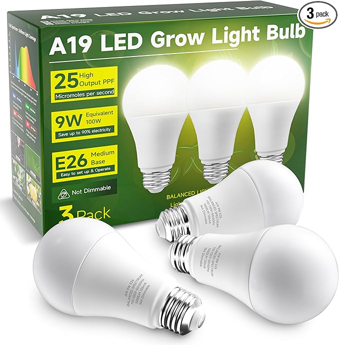 Grow Light Bulbs, Full Spectrum Light Bulb, A19 Grow Light Bulb, Plant Grow Light Bulbs E26 Base, 9W Plant Light Bulbs 100W Equivalent, Grow Bulb for Indoor Plants, Greenhouse, 3 Pack