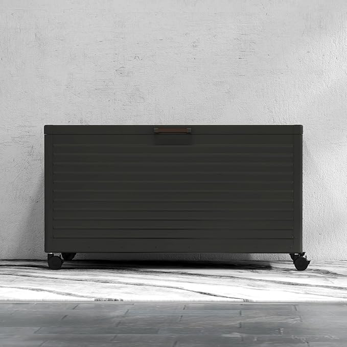 134 Gallon Outdoor Storage Box Waterproof, Metal Deck Box with wheels for Patio Furniture, Garden Tools, Outdoor Cushion, Charcoal