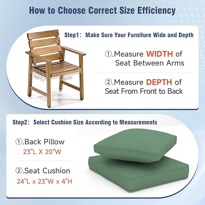 Outdoor Chair Cushions 23" x 24" x 4", Patio Deep Seat Replacement Cushions Set with Zippered Removable Cover, Weather-Resistant Olefin Fabric for Garden Chair Sofa Couch, Set of 3, Green