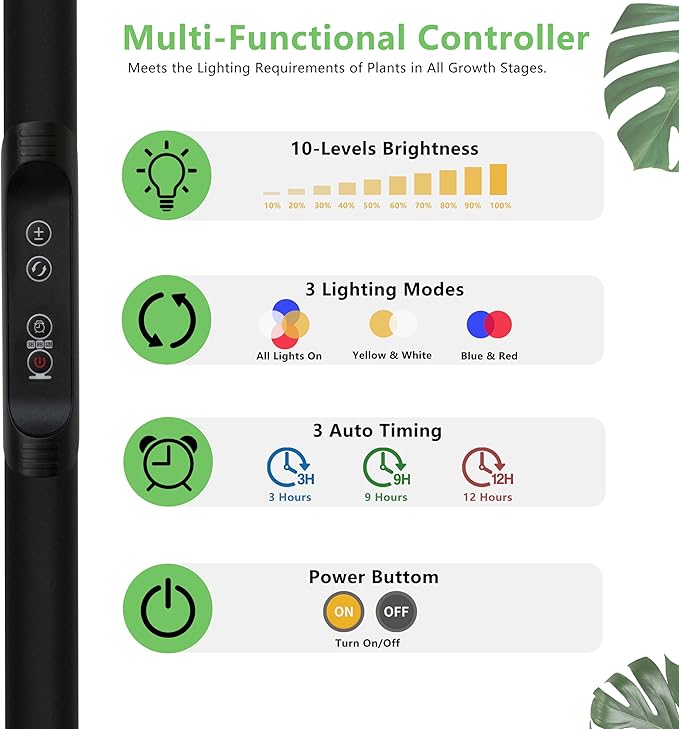 Grow Light for Indoor Plants, Full Spectrum Led Plant Growing Lights with Stand, Tall Halo Floor Growth Lamp with Timer, Height Adjustable, Dimmable Brightness for Large Plants