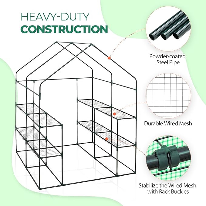 EAGLE PEAK Walk in 3-Tier Greenhouse with Wire Shelves, Portable Indoor and Outdoor Green House with Roll-Up Zippered Door & 2 Roll Up Windows, 8 Shelves, 56"x56"x77", Clear/Green PE Cover
