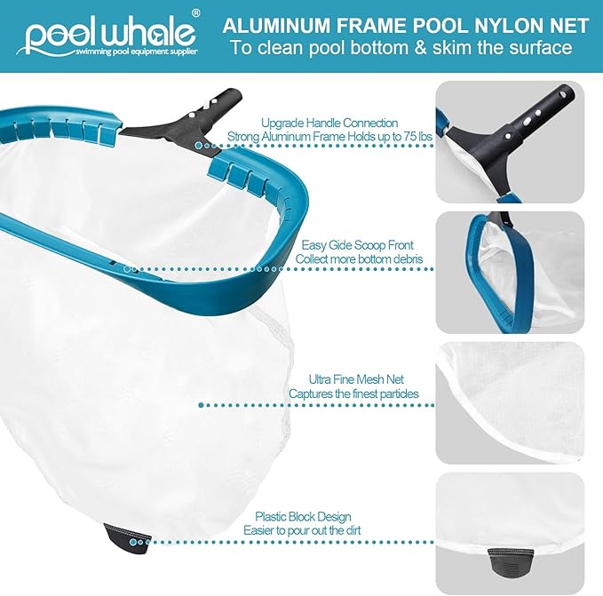 POOLWHALE Pool Net - Professional 20" Swimming Pool Leaf Skimmer Rake, Aluminum Frame Deep Nylon Bag, Ultra Fine Mesh Nets for Cleaning Leaves, Sand, Pollen, Finest Debris (No Pole)