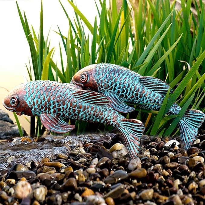 Set of 2 Antique Koi Fish Statue, Outdoor Garden Sculpture for Patio, Backyard, Pond, and Home Decor