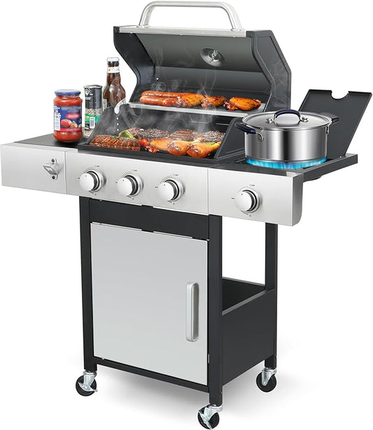 3-Burner Propane Gas BBQ Grill with Side Burner - 37330 BTU Output Stainless Steel Grill with Enameled Cast Iron Cooking Grid Side Table for Outdoor Backyard Patio Barbecue