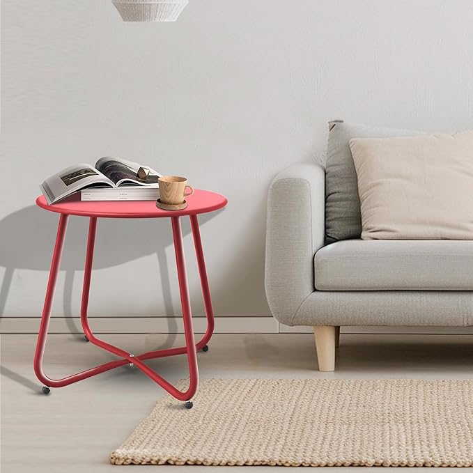 Dark Red Patio Side Table, 18" Weatherproof Steel Outdoor Indoor Side Table for Garden, Balcony, Pool & Tailgate, Rust-Resistant Lightweight Portable Patio End Table