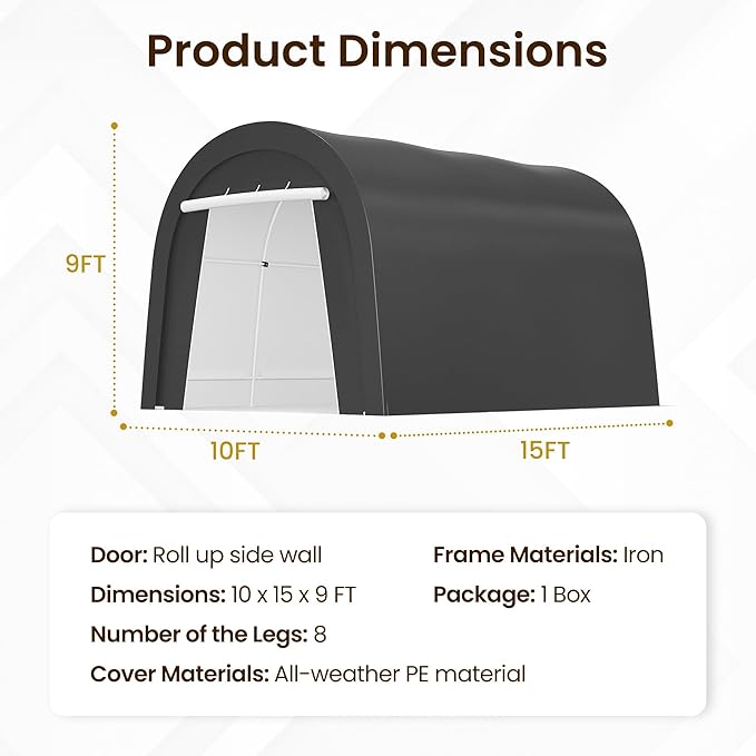 Carport, 10'x15' Outdoor Round Portable Garage with 2 Roll up Doors, Heavy Duty Storage Shelter Car Canopy Party Tent, Dark Gray