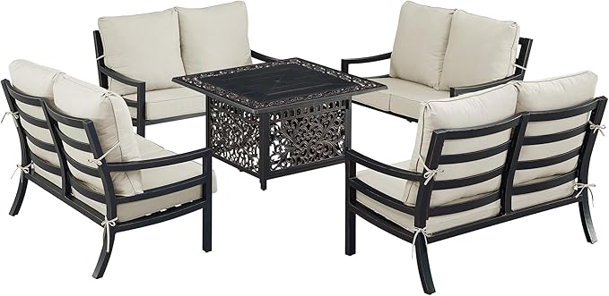 Oakland Living Black Aluminum Patio Fire Table Set with Four Deep Seating Loveseat with Cushions with Light Grey Cushions