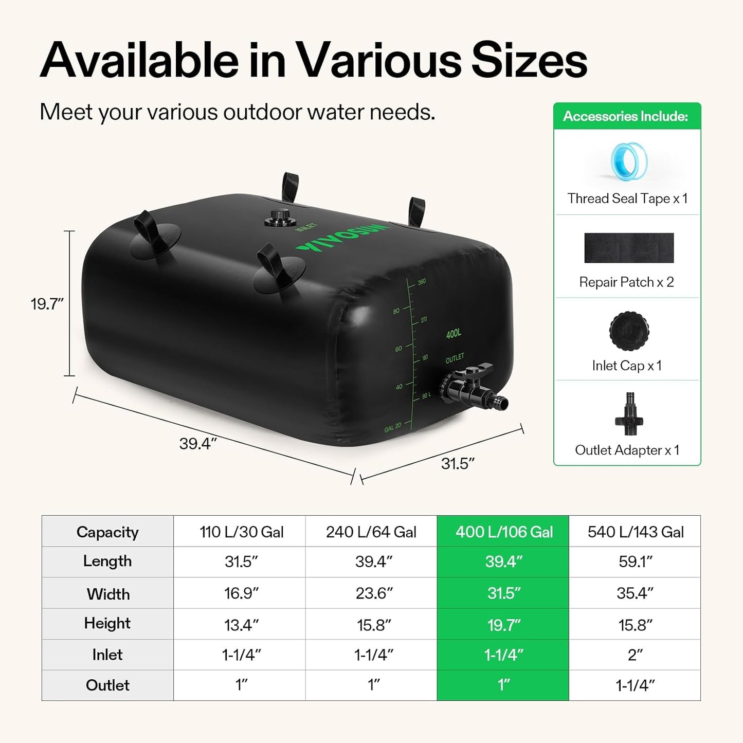 VIVOSUN 400 L/106 Gal Water Bladder, Foldable and Portable Water Storage Bag for RV, Camping, Garden Watering, Agricultural Irrigation, Drought Resistance, Firefighting