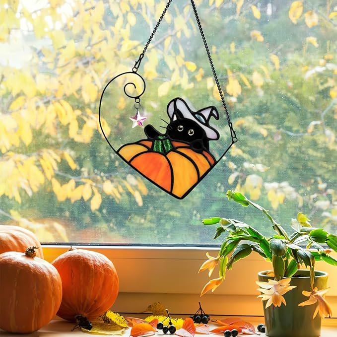 BOXCASA Black Cat Decor Stained Glass Window Hangings Pumpkin Ornament,Halloween Decor Witch Hat Cat Suncatcher for Window,Colorful Crystal Star Halloween Cats Themed Gift for Cats Lover