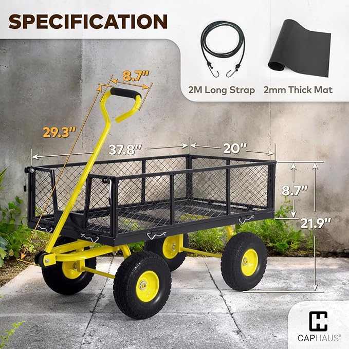 CAPHAUS Metal Black Garden Cart, w/ 180° Adjustable Yellow Handle, w/Mat and Strap, Heavy Duty 880 lbs Capacity, w/ 10” Flat-Free Tires, Sides Removable, Utility Wagon, Lawn Cart, for Garden, Yard